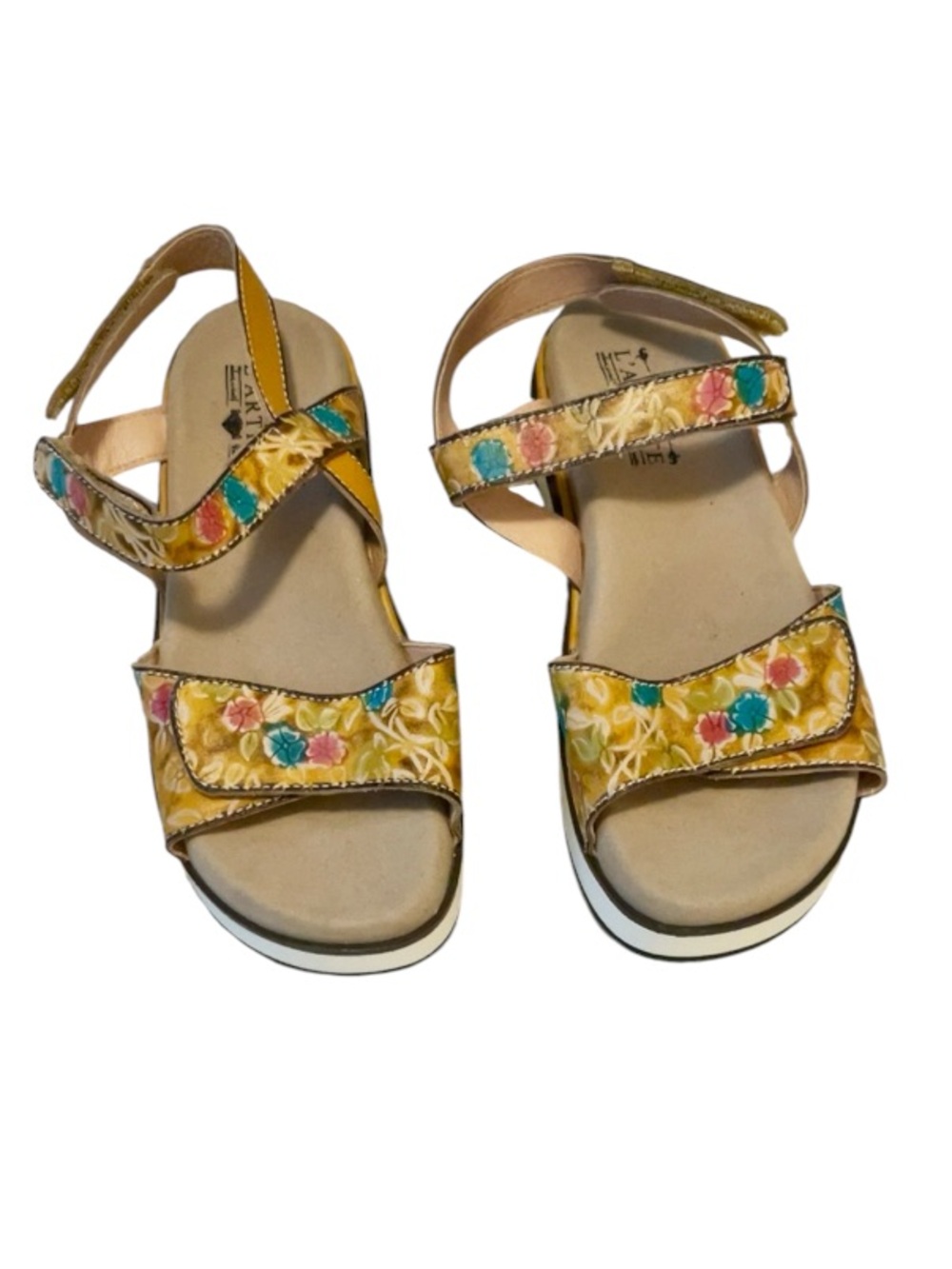 Women's Spring Step L’Artiste Clara Boho Gold Floral Platform Strappy Sandals 7